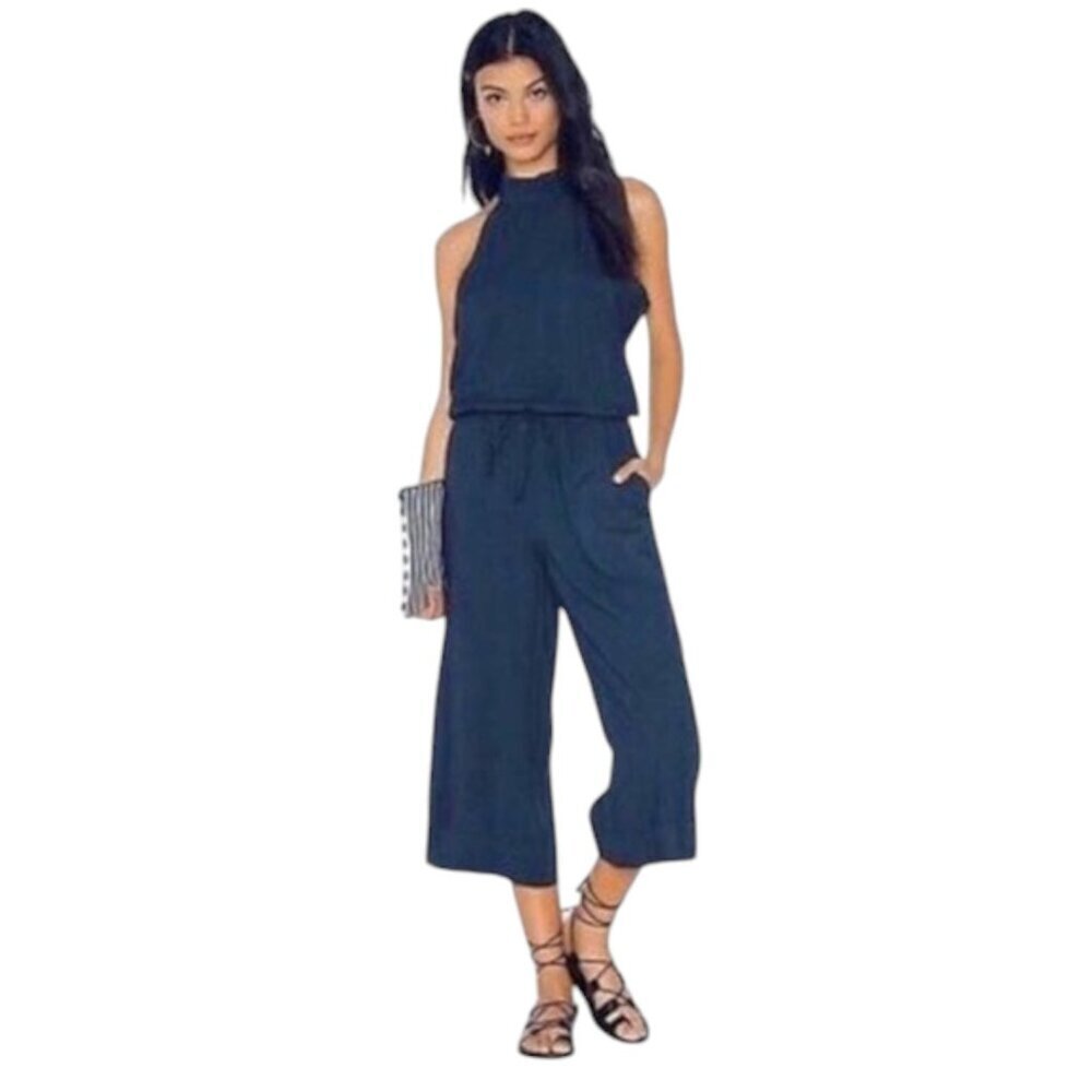 Cloth and Stone Wide Leg Cropped Denim Halter Jumpsuit